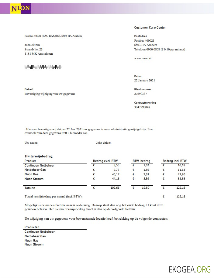 Netherlands NUON gas utility bill template in Word and PDF format in Dutch language